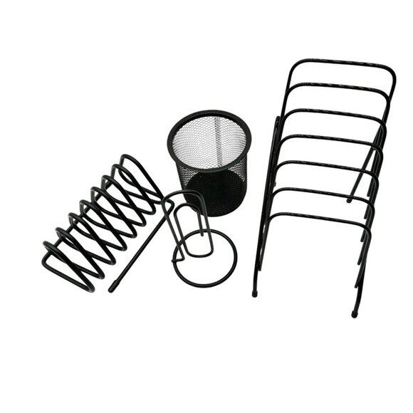 Office Supplies Organizer 4pc Set Black Metal Pen Cup Paper File Organizers - Picture 1 of 6